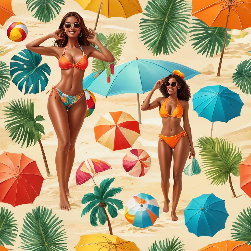A vibrant beach scene showcasing diverse women in stylish bikinis, enjoying sun-soaked activities like playing volleyball, building sandcastles, and surfing. Colorful beach umbrellas and tropical palm trees in the background, creating a lively atmosphere. Include a variety of body types and vibrant swimwear patterns, capturing the essence of fun and adventure. super-realistic. vibrant colors.