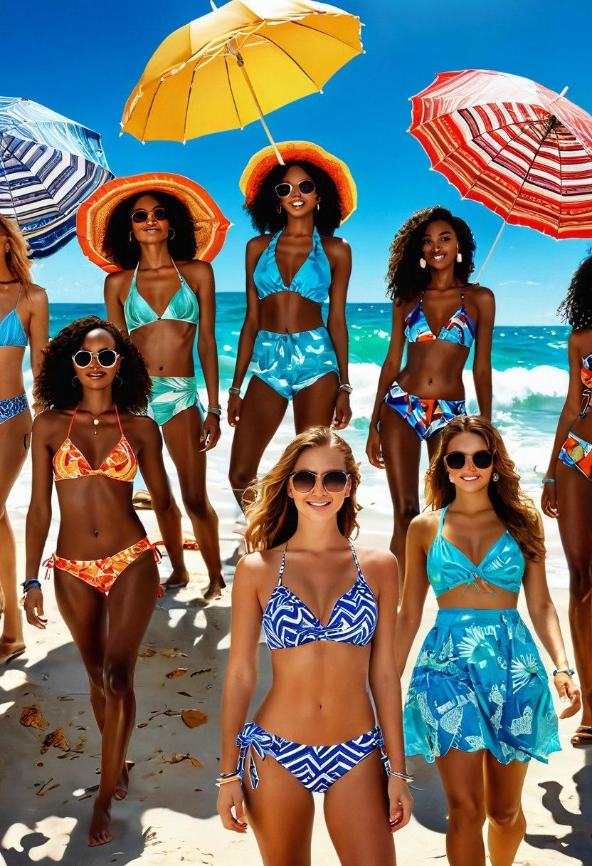 A vibrant beach scene featuring diverse models showcasing trendy beachwear in various styles, colors, and patterns, with the sun shining brightly overhead and waves crashing in the background. Include elements like beach umbrellas, tropical drinks, and seashells to enhance the summer vibe. Capture the confidence and happiness of summer fashion. lively and colorful. super-realistic.