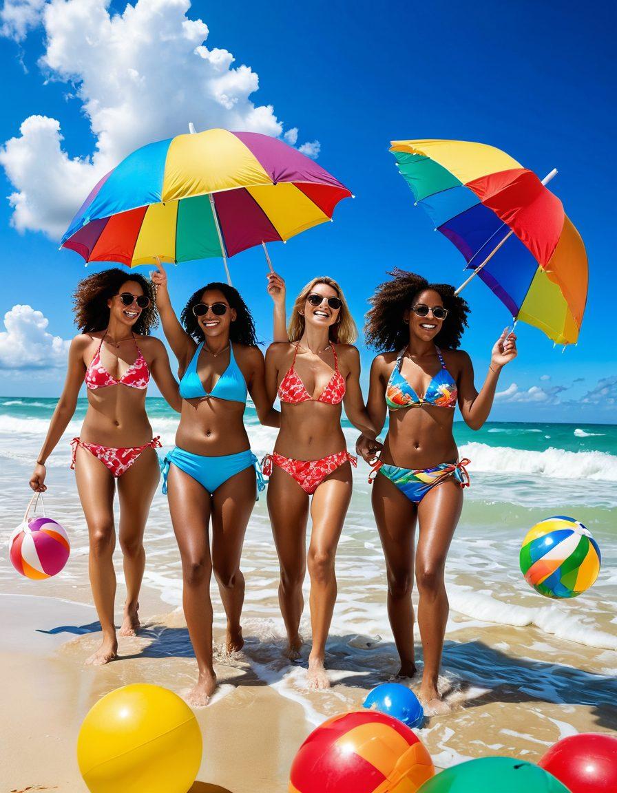 A vibrant beach scene illustrating a diverse group of friends enjoying a sunny day, wearing colorful and fun beachwear while splashing in the waves. Include bright umbrellas, beach balls, and a clear blue sky with fluffy clouds, conveying a sense of joy and adventure. Captivate the essence of summer with playful expressions and dynamic poses. super-realistic. vibrant colors. white background.